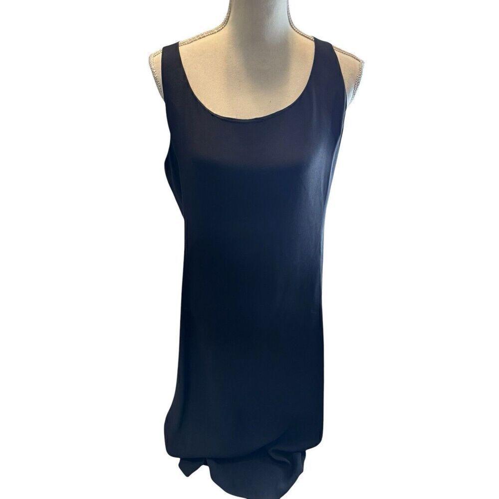 Eileen Fisher Black 100% Silk Georgette Crepe Scoop Neck Dress Size L Designer